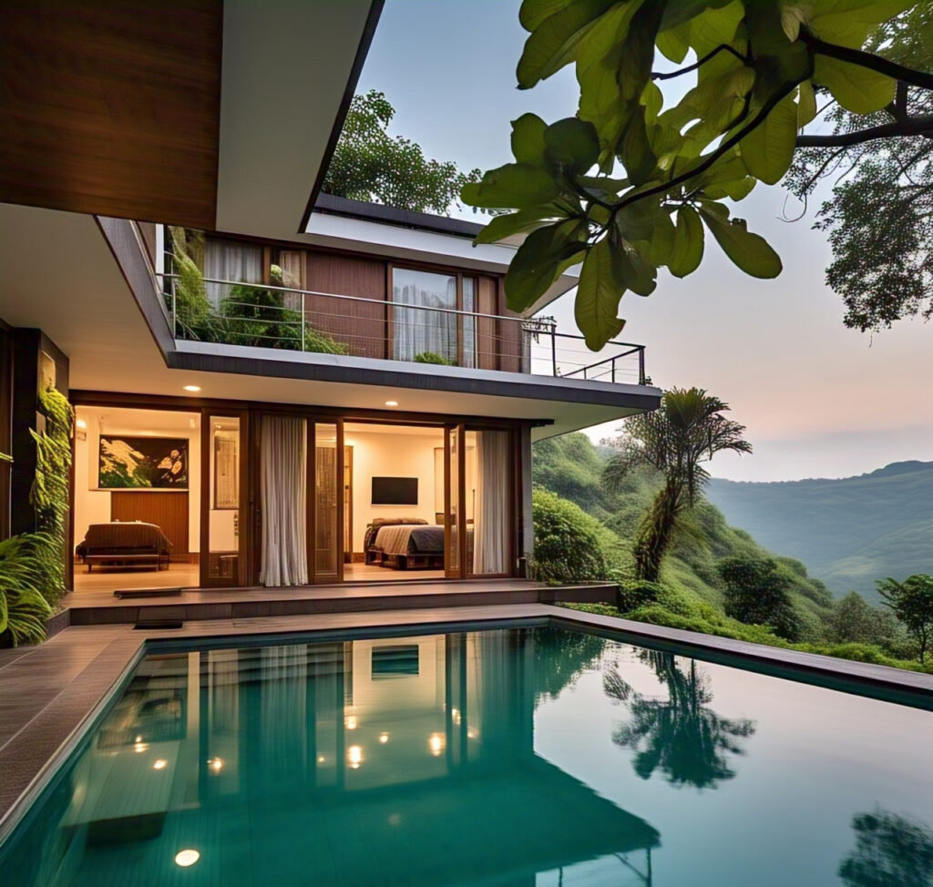 Exterior view of a luxurious private pool bungalow in Lonavala, surrounded by lush greenery and hills, with a crystal-clear pool and outdoor seating area.