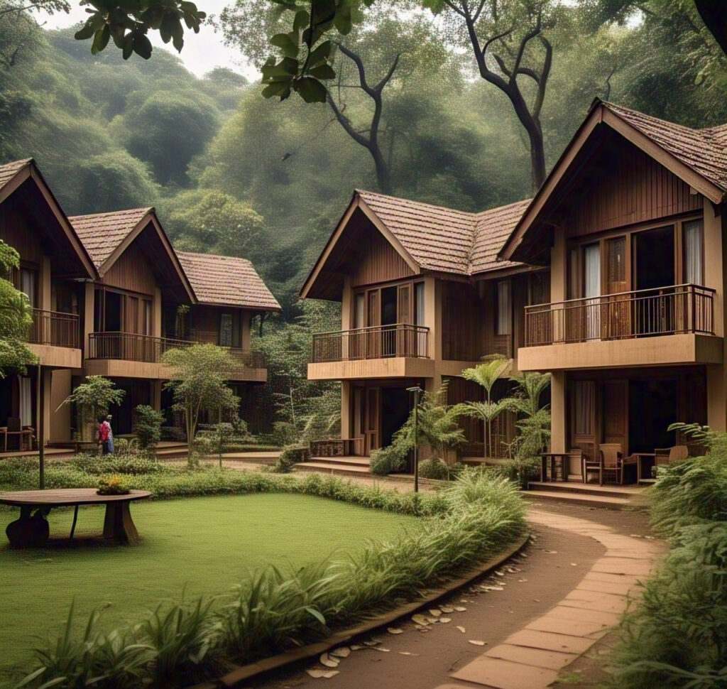 Exterior view of a budget-friendly bungalow in Lonavala, surrounded by lush greenery and hills, with a cozy porch and outdoor seating area, perfect for a relaxing weekend getaway.