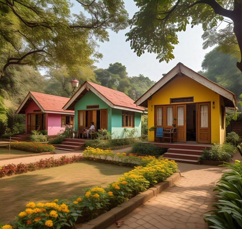 Exterior view of a budget-friendly bungalow in Lonavala, surrounded by lush greenery and hills, with a cozy porch and outdoor seating area, perfect for a relaxing getaway.