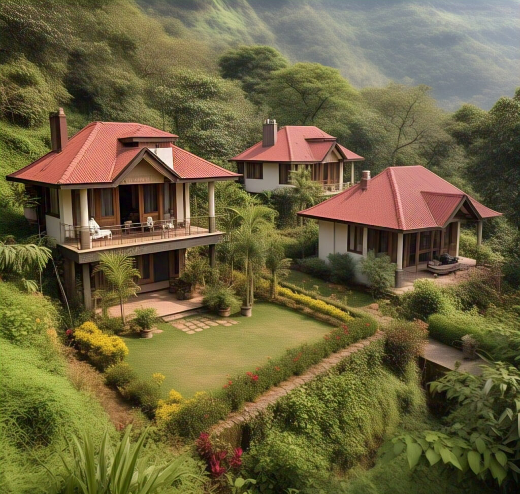 A serene exterior view of a scenic bungalow in Lonavala, surrounded by lush green hills and trees, with a private garden and outdoor seating area, perfect for a relaxing nature getaway.