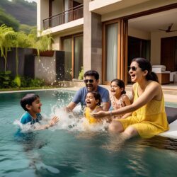 Family enjoying a private pool at an affordable Lonavala villa rental
